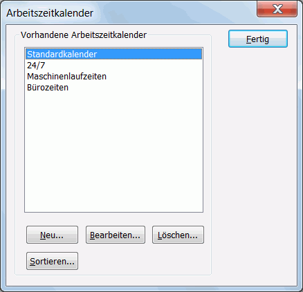 Das Verwaltungsfenster für Arbeitszeitkalender