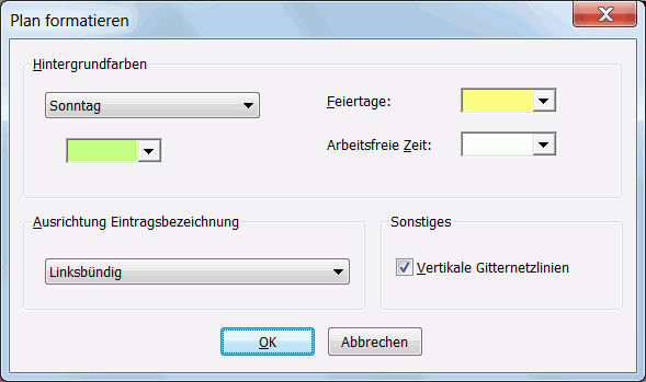 Das Fenster zur Formatierung des Plans