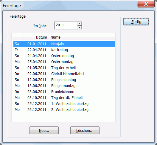 Das Verwaltungsfenster für Feiertage