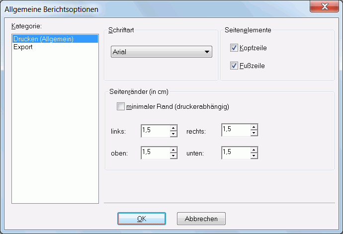 Das Fenster mit den Berichtsoptionen