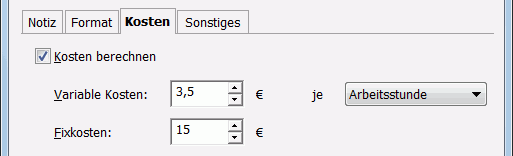 Registerkarte Kosten im Eintragsfenster