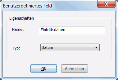 Das Fenster für neue benutzerdefinierte Felder